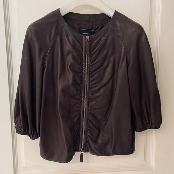 ❤️ LONGCHAMP PARIS DESIGNER LUXURY LAMB KIDSKIN LEATHER CROPPED RUCHED JACKET - Picture 13 of 14